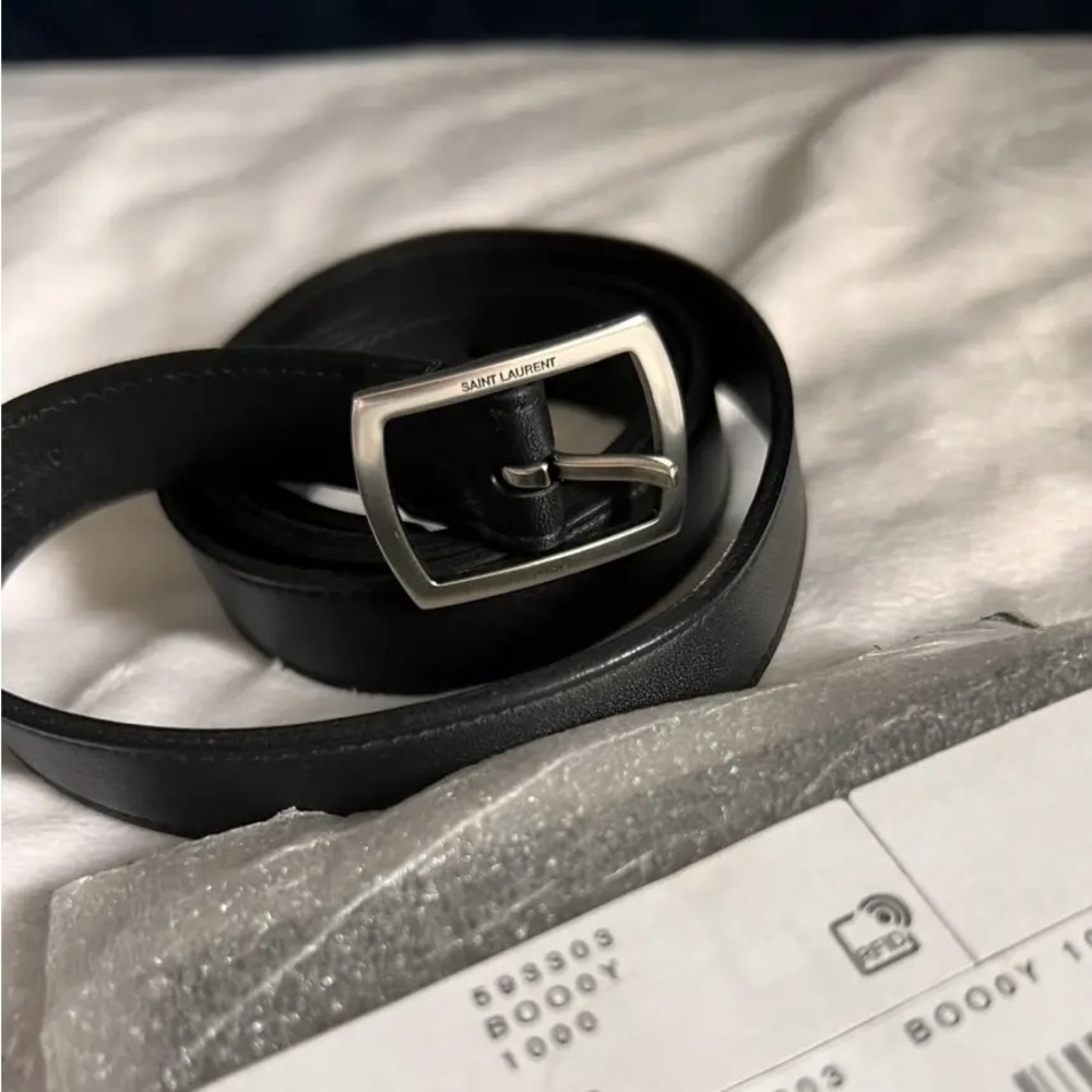 Saint Laurent Black Leather Belt with Silver Buckle